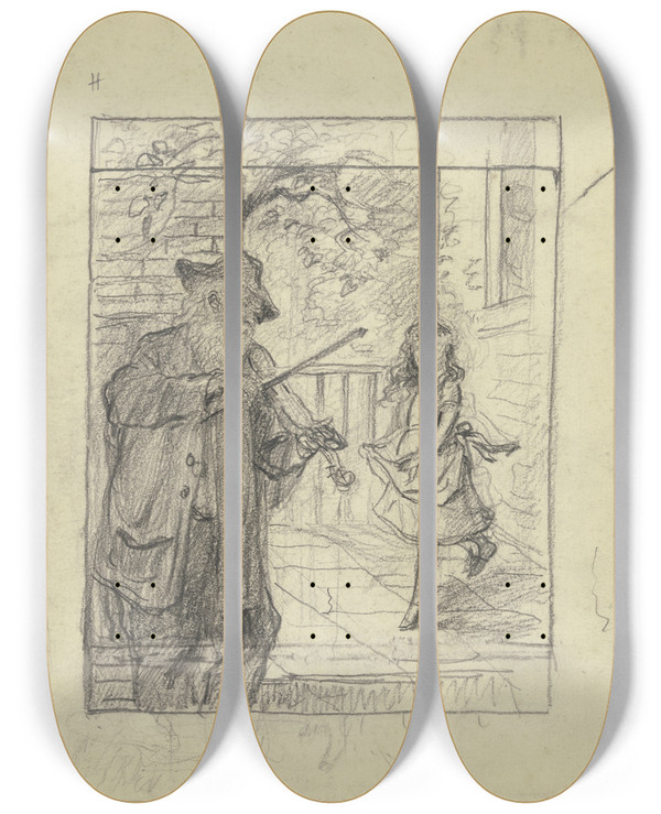 Triptych art skateboard deck of Otto Scholderer Geiger Mit Tanzendem Mdchen by Otto Scholderer (1834-1902)