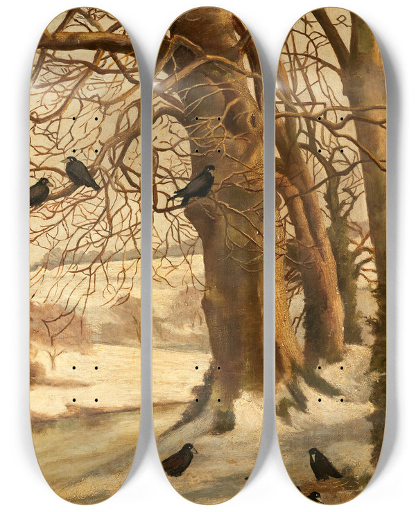Triptych art skateboard deck of William Holbrook Beard Winterscape With Crows by William Holbrook Beard (1824-1900)
