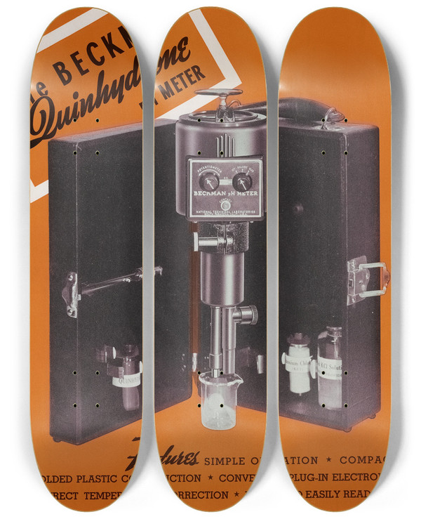 Triptych art skateboard deck of Beckman Instruments Beckman Quinhydrone Ph Meter by Beckman Instruments (20-)