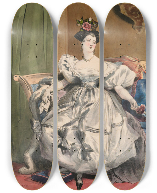 Triptych art skateboard deck of Achille Devria 4 Heures Du Soir Mlle Laure Deveria From Les Dixhuit Heures Dune Parisienne by Achille Deveria (1800-1857)