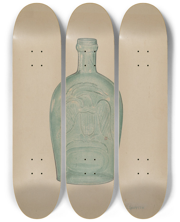 Triptych art skateboard deck of Leroy Griffith Glass Bottle by Leroy Griffith