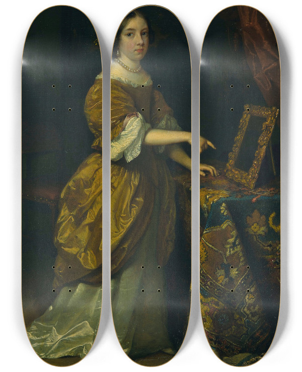 Triptych art skateboard deck of Caspar Netscher Girl Standing Before A Mirror by Caspar Netscher (1639-1684)