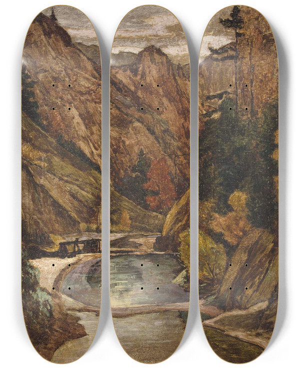 Triptych art skateboard deck of Max Kahrer Der Lassinggraben by Max Kahrer (1878-1937)