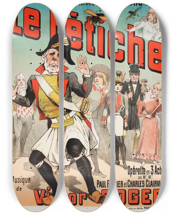 Triptych art skateboard deck of Alfred Choubrac Th Des Menusplaisirs Le Ftiche by Alfred Choubrac (1853-1902)