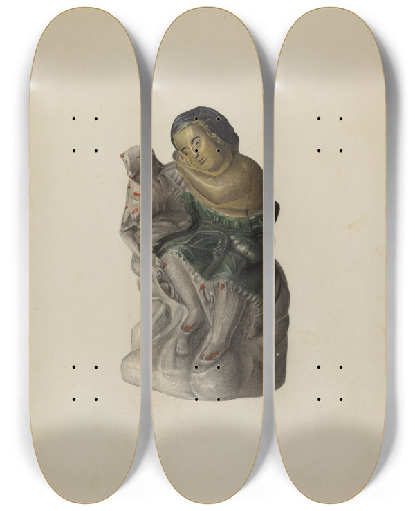 Triptych art skateboard deck of Mina Lowry Pa German Chalkware Mary And Her Lamb by Mina Lowry (1894-1942)