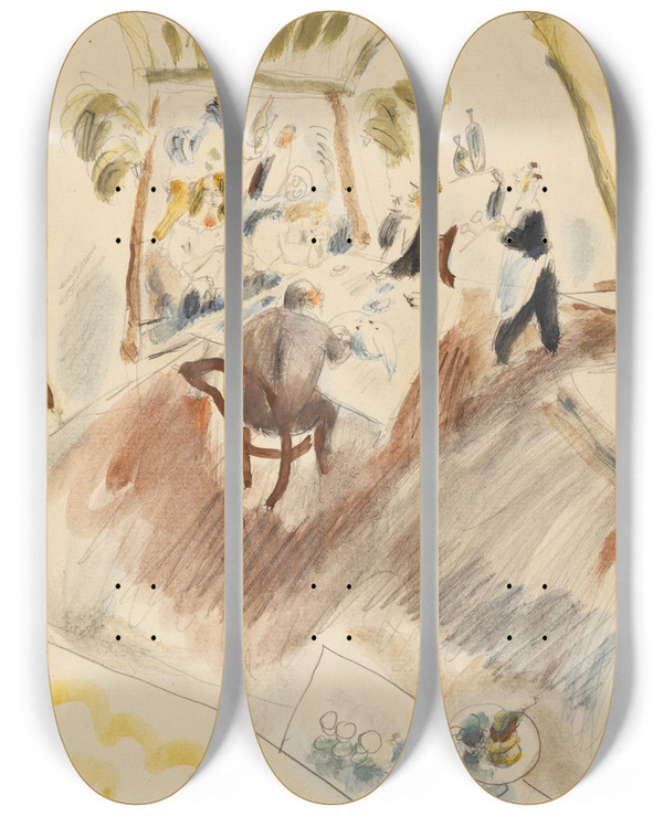 Triptych art skateboard deck of Jules Pascin Two Men Dining by Jules Pascin (1885-1930)