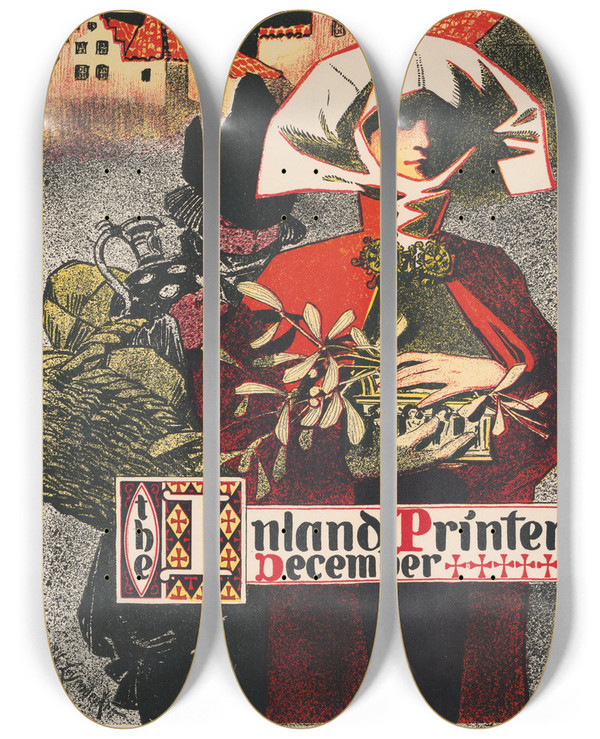 Triptych art skateboard deck of Jc Leyendecker Inland Printer December by J.C. Leyendecker (1874-1951)