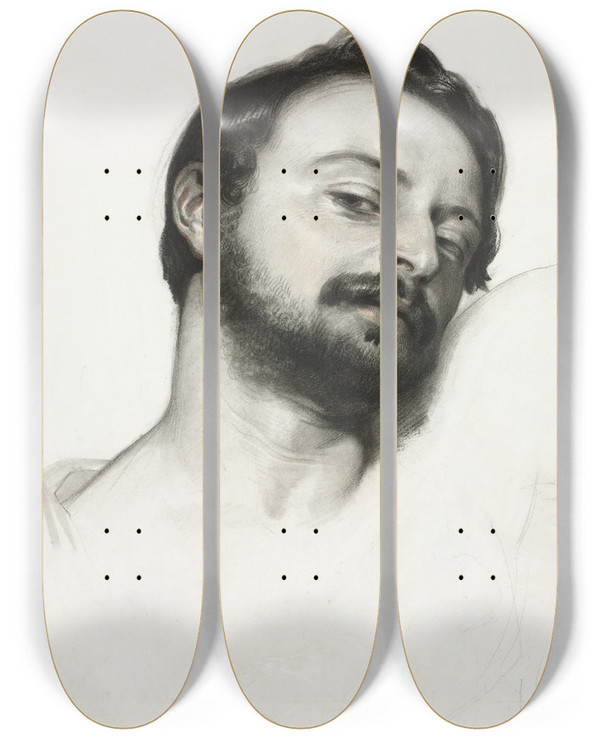 Triptych art skateboard deck of Eugne Devria Head Of A Man by Eugene Deveria (1805-1865)