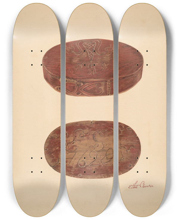 Triptych art skateboard deck of Ethel Clarke Bishop Hill Bridal Box by Ethel Clarke