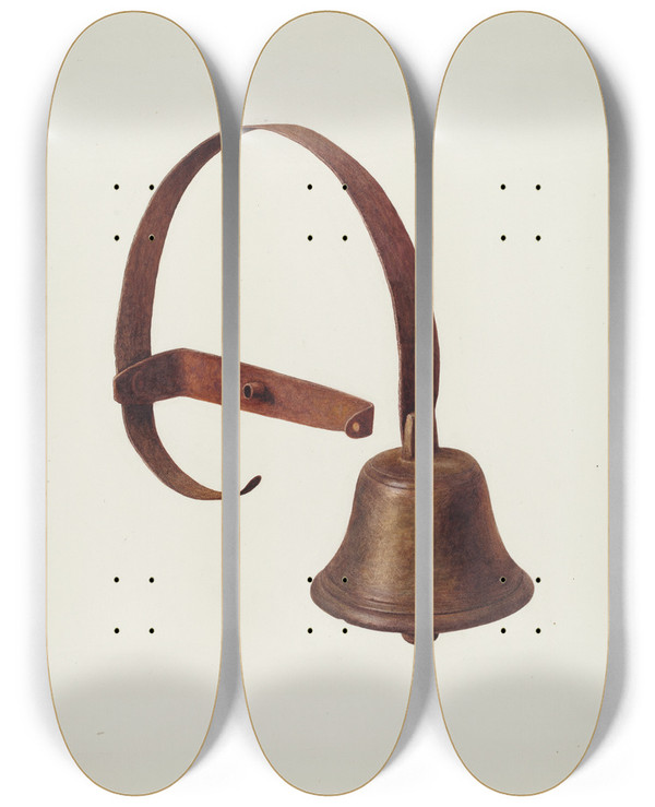 Triptych art skateboard deck of Manuel G Runyan Servants Bell by Manuel G Runyan
