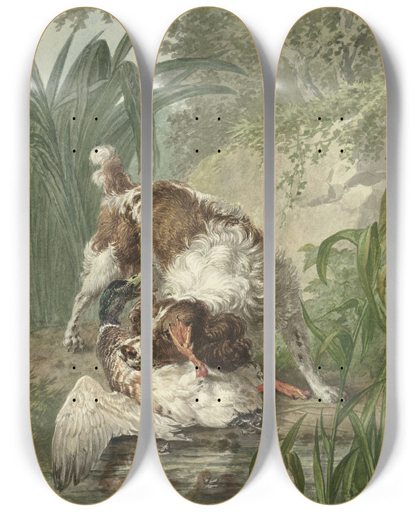 Triptych art skateboard deck of Wybrand Hendriks Jachthond Vangt Een Eend by Wybrand Hendriks (1744-1831)
