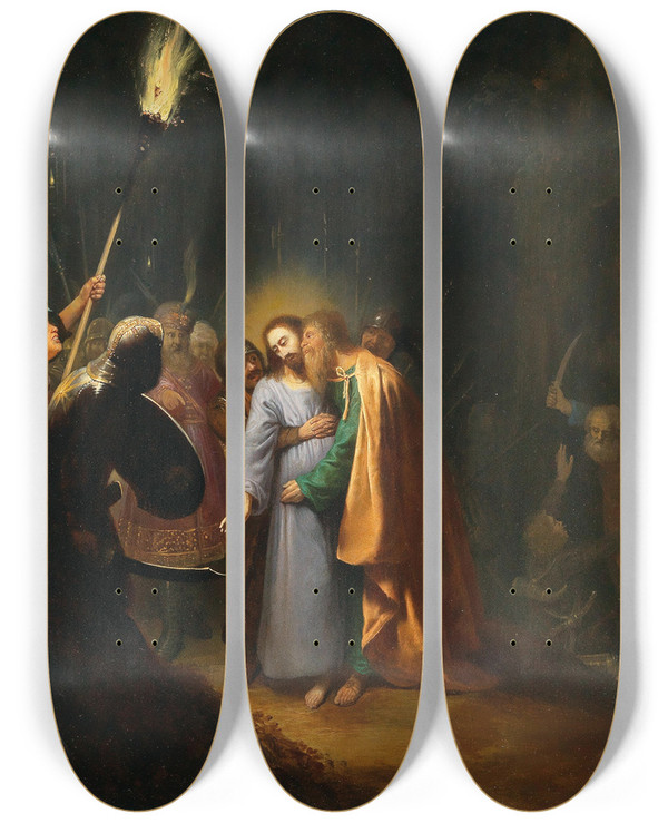 Triptych art skateboard deck of Dirck Dircksz Van Santvoort The Taking Of Christ by Dirck Dircksz Van Santvoort (1610-1680)