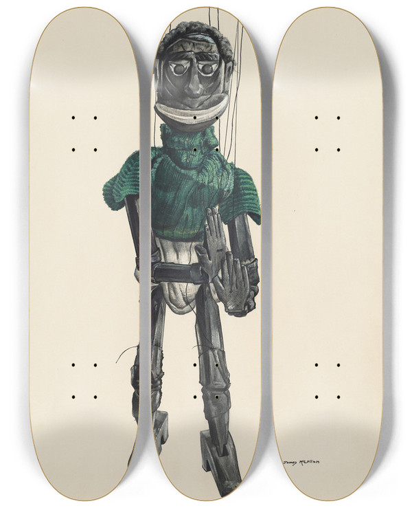 Triptych art skateboard deck of James Mclellan Cannibal Marionette by James Mclellan