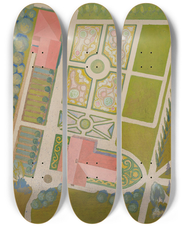 Triptych art skateboard deck of Gilbert Sackerman John B Bull Garden by Gilbert Sackerman (20-)