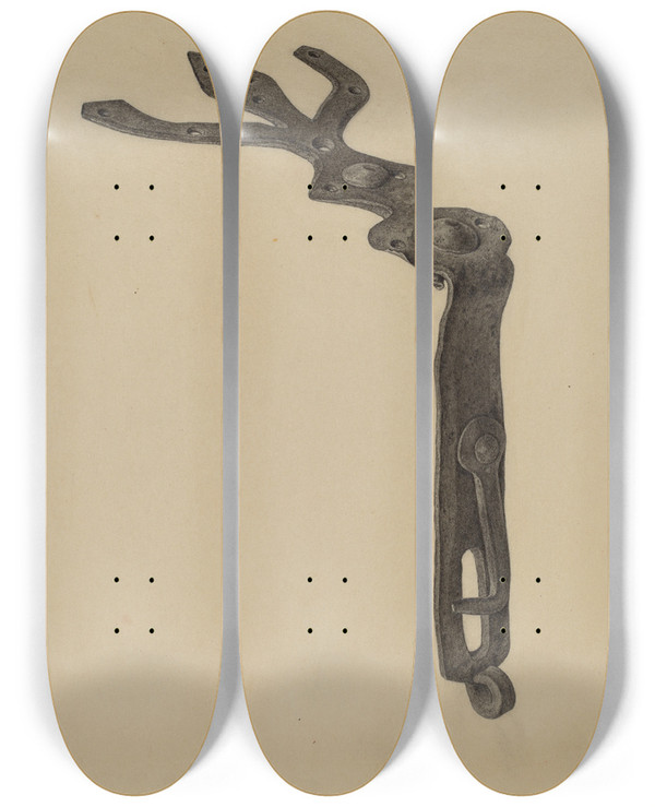 Triptych art skateboard deck of Mildred Ford Tool Box Hasp by Mildred Ford (20-)