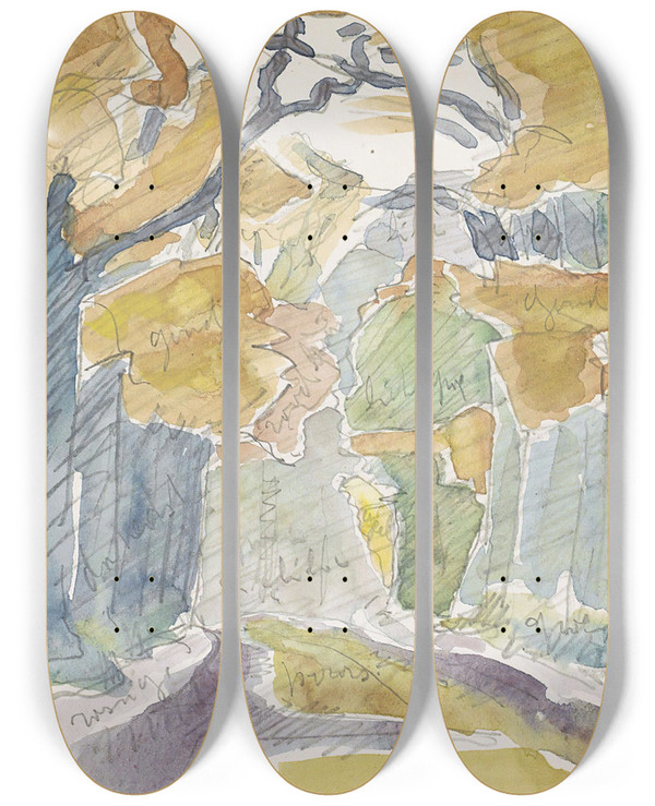 Triptych art skateboard deck of Reijer Stolk Bospad In De Herfst by Reijer Stolk (1896-1945)