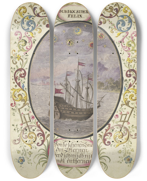 Triptych art skateboard deck of Johann Esaias Nilson In Einem Oval Ein Schiff by Johann Esaias Nilson (1721-1788)