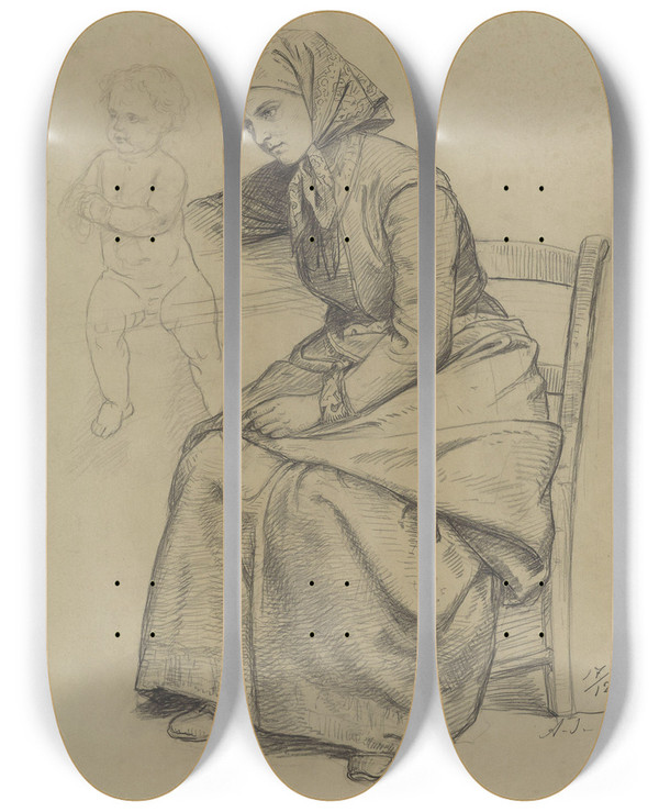 Triptych art skateboard deck of Adolph Tidemand Guro Sivertsdatter by Adolph Tidemand (1814-1876)