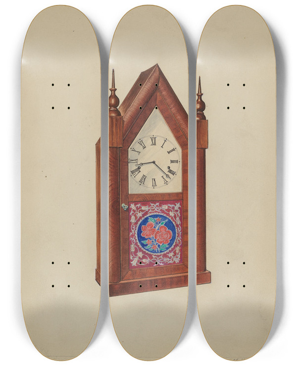 Triptych art skateboard deck of Arthur Mathews Steeple Clock by Arthur Mathews