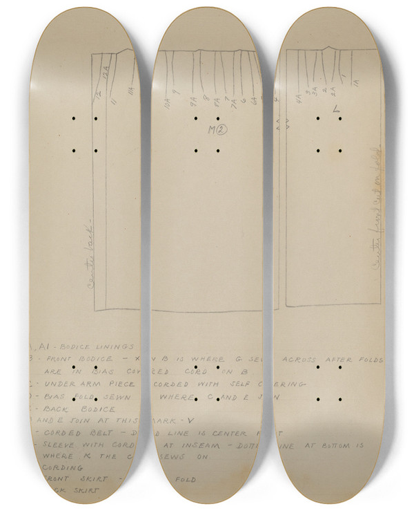 Triptych art skateboard deck of Jean Peszel Dress Pattern by Jean Peszel