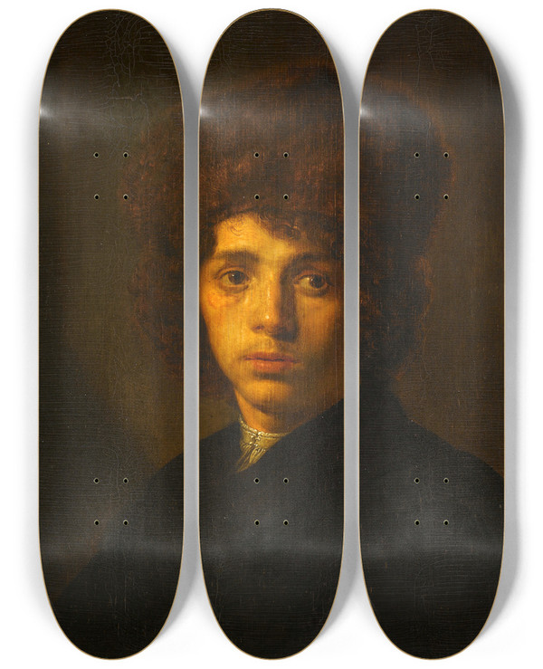 Triptych art skateboard deck of David Bailly Young Man With A Fur Hat by David Bailly (1584-1657)