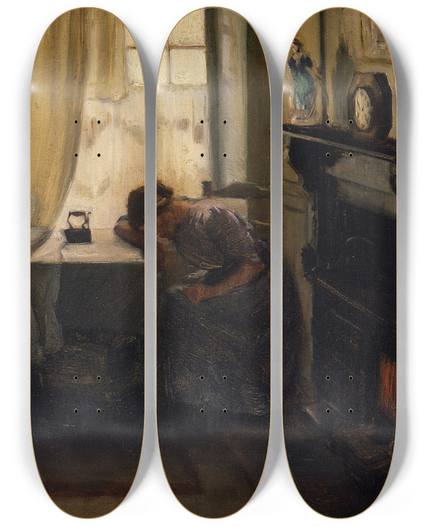 Triptych art skateboard deck of Mina Arndt Tired by Mina Arndt (1885-1926)