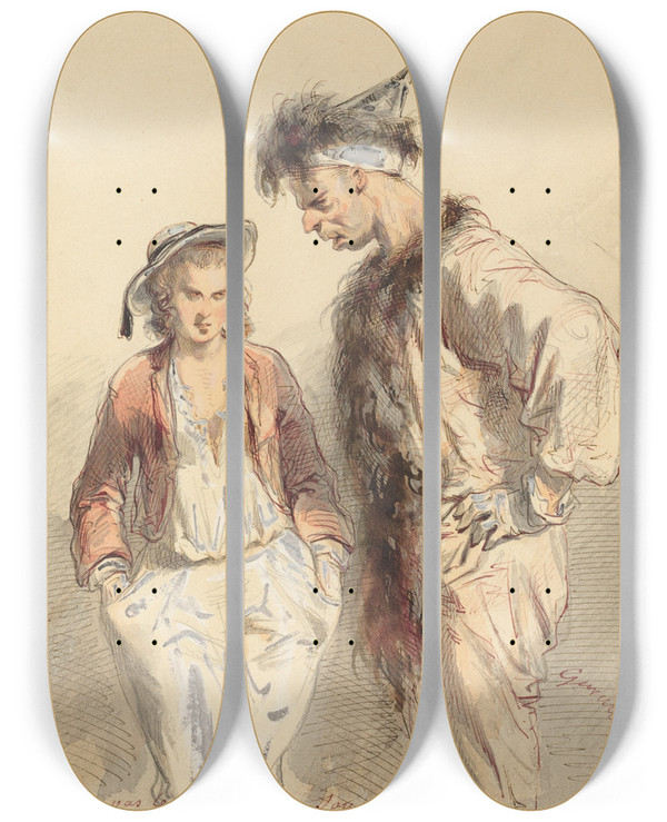 Triptych art skateboard deck of Paul Gavarni Et Pas Le Sou Pour Souper by Paul Gavarni (1804-1866)