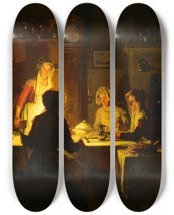 Triptych art skateboard deck of Joseph Bail The Evening Meal by Joseph Bail (1862-1921)