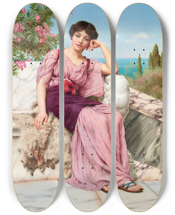 Triptych art skateboard deck of John William Godward Sweet Dreams by John William Godward (1861-1922)