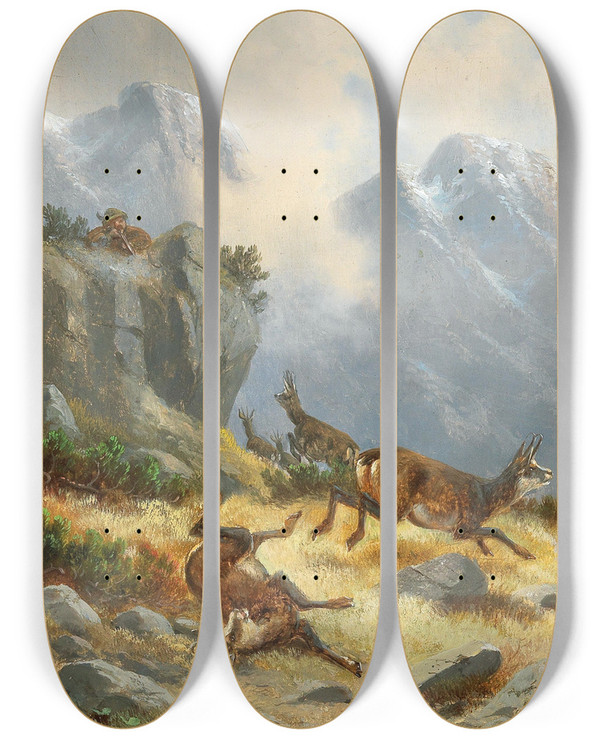 Triptych art skateboard deck of Moritz Mller Gamsjagd by Moritz Melzer (1841-1899)