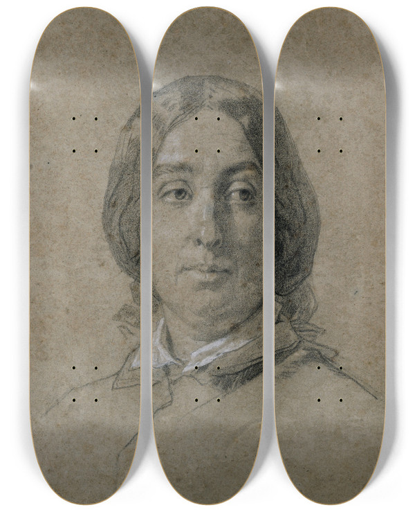 Triptych art skateboard deck of Thomas Couture Portrait De George Sand by Thomas Couture (1815-1879)