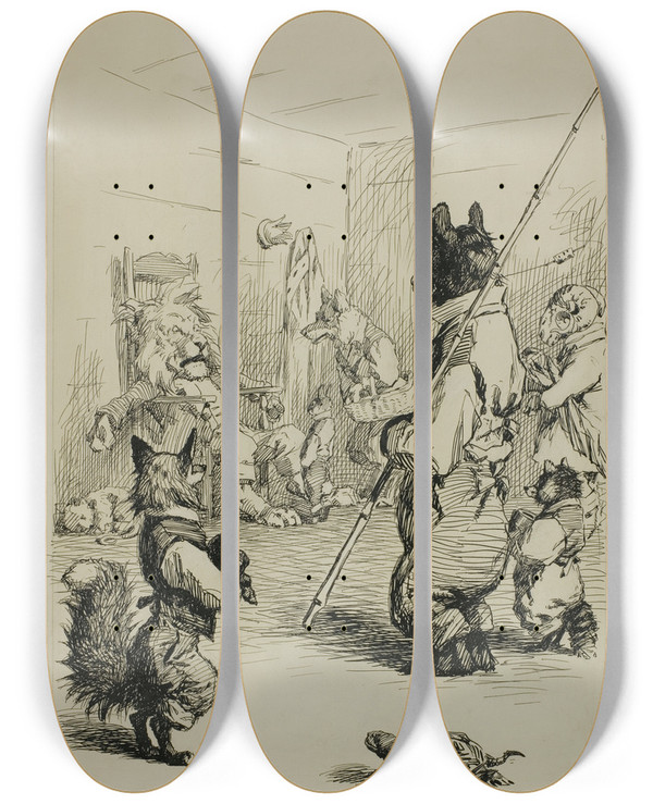 Triptych art skateboard deck of Arthur Burdett Frost De King Im Sit Right Flat In A Chair by Arthur Burdett Frost (1851-1928)