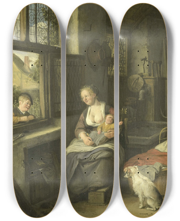 Triptych art skateboard deck of Cornelis Dusart A Mother With Her Children by Cornelis Dusart (1660-1704)