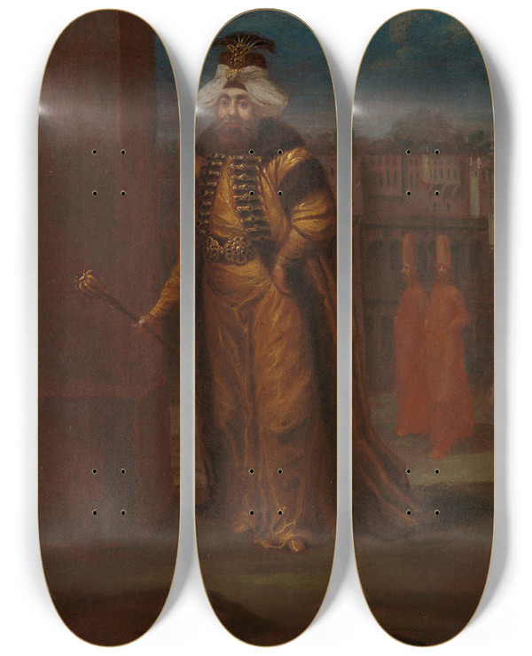 Triptych art skateboard deck of Jean Baptiste Vanmour Sultan Mahmud I by Jean Baptiste Vanmour (1671-1737)