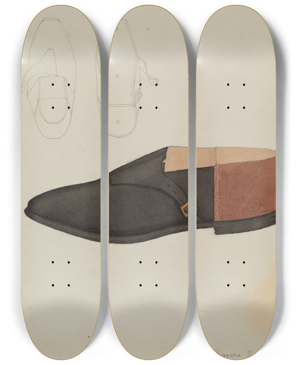 Triptych art skateboard deck of Roberta Spicer Mans Shoes by Roberta Spicer