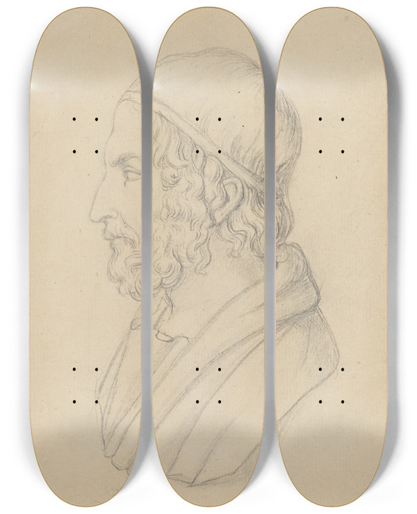 Triptych art skateboard deck of John Flaxman Classical Portrait Bust Of A Bearded Man by John Flaxman (1755-1826)