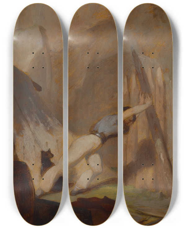 Triptych art skateboard deck of Thomas Sully Building A Shelter by Thomas Sully (1783-1872)