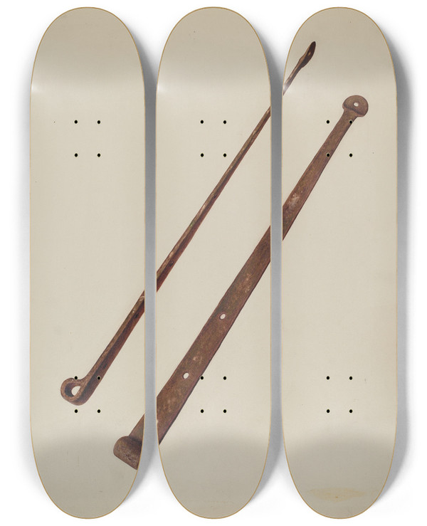 Triptych art skateboard deck of Manuel G Runyan Strap Hinges by Manuel G Runyan