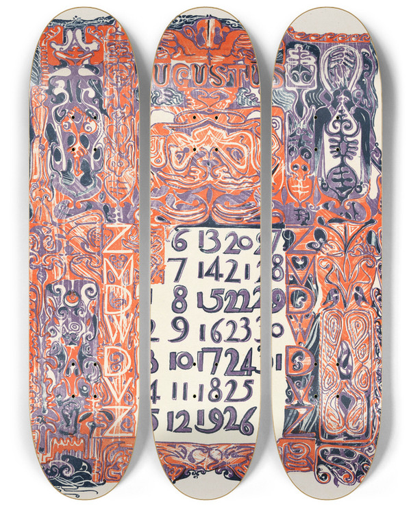 Triptych art skateboard deck of Carel Adolph Lion Cachet Kalenderblad Augustus 1899 by Carel Adolph Lion Cachet (1864-1945)