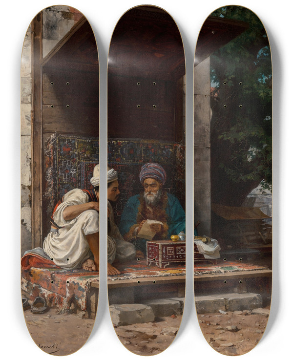 Triptych art skateboard deck of Stanisaw Von Chlebowski Un Crivain Public Constantinople by Stanislaw Chlebowski (1835-1884)