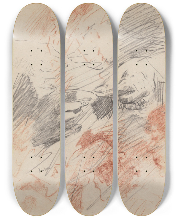 Triptych art skateboard deck of James Ensor Hands Sewing by James Ensor (1860-1949)