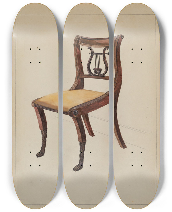 Triptych art skateboard deck of Bessie Forman Chair by Bessie Forman