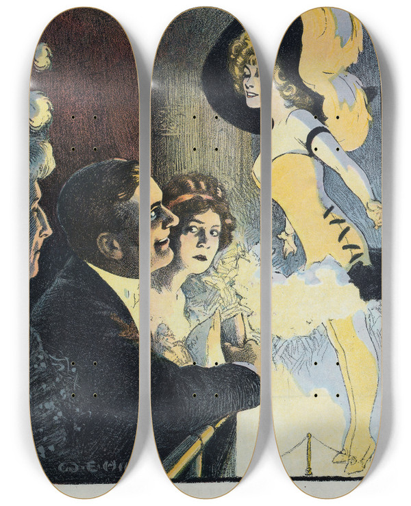 Triptych art skateboard deck of William Ely Hill A Modern Tantalus by William Ely Hill (1887-1962)