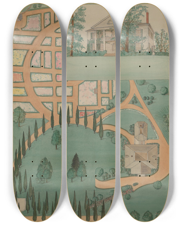 Triptych art skateboard deck of Virginia Richards Jumel Mansion by Virginia Richards