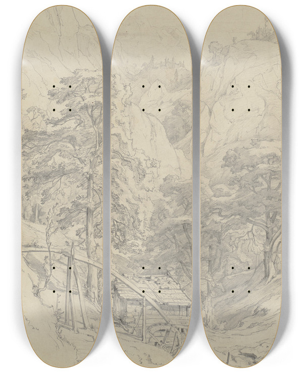 Triptych art skateboard deck of Friedrich Metz Tyrolean Mountain Landscape by Friedrich Metz (1820-1901)