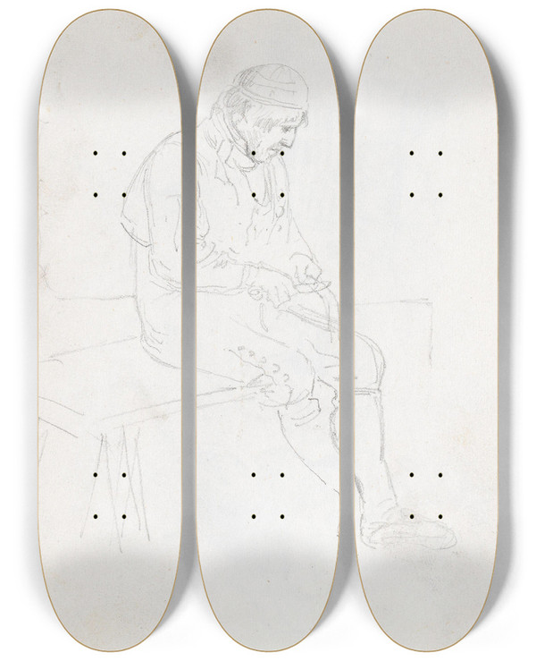 Triptych art skateboard deck of Adolph Tidemand Mann Som Spikker by Adolph Tidemand (1814-1876)
