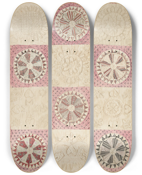 Triptych art skateboard deck of Edith Magnette Wheel Of Fortune Quilt by Edith Magnette (20-)