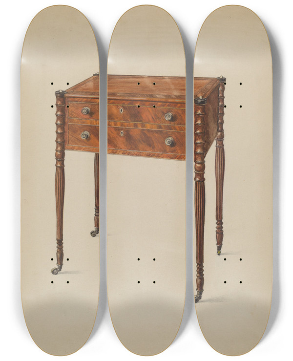 Triptych art skateboard deck of Bernard Gussow Work Table by Bernard Gussow