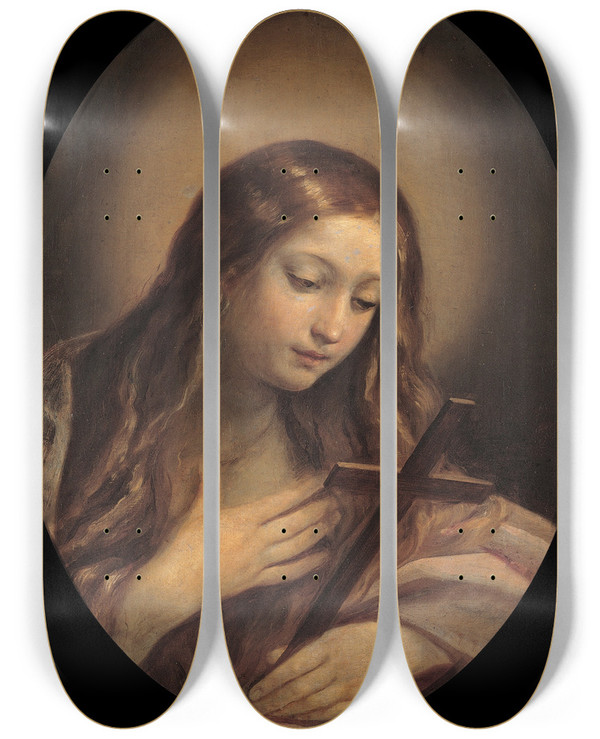 Triptych art skateboard deck of Guido Reni Penitent Magdalene by Guido Reni (1575-1642)