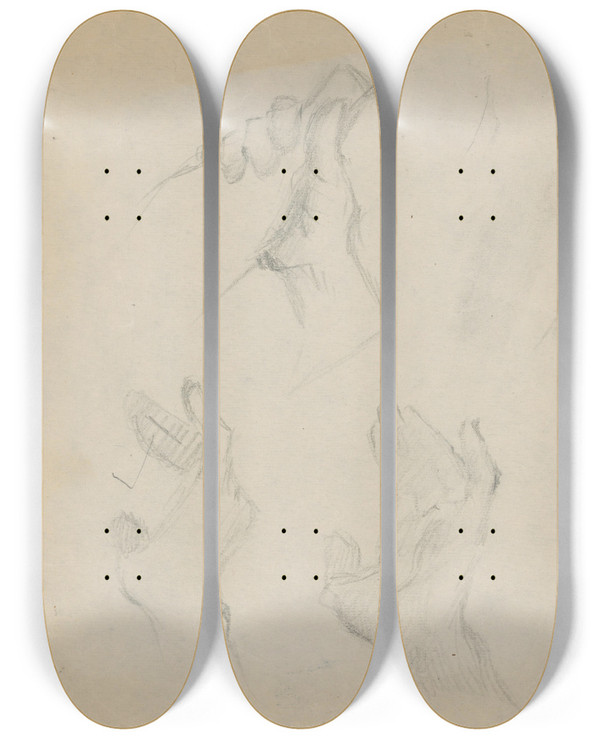 Triptych art skateboard deck of Gustv Mall Hands Study And Hands Holding A Bottle by Gustav Mally (1879-1952)